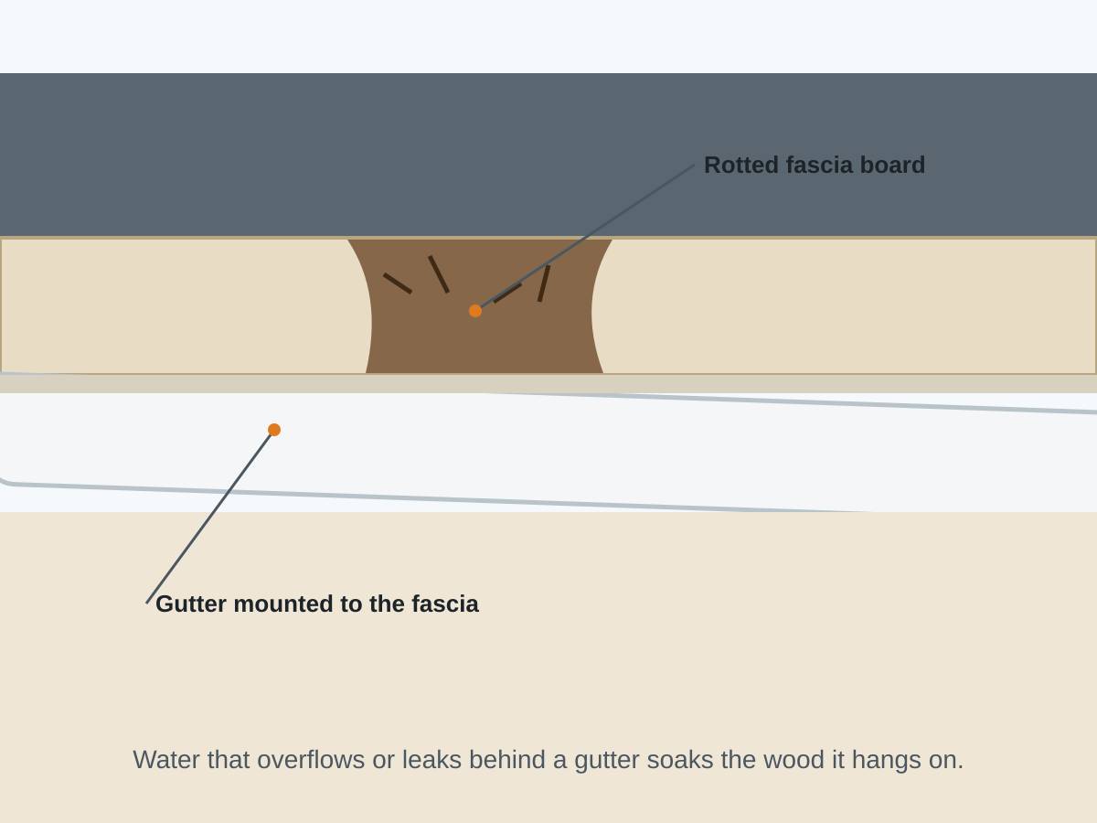 Illustration of a section of rotted, dark fascia board behind a gutter at the roof edge