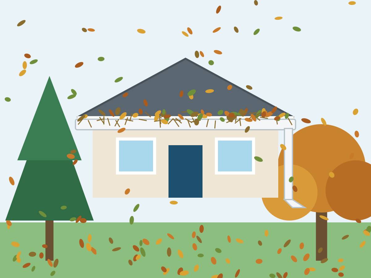 Illustration of a single-story house between a pine tree and a hardwood tree, with fall leaves and pine needles collecting in the gutter
